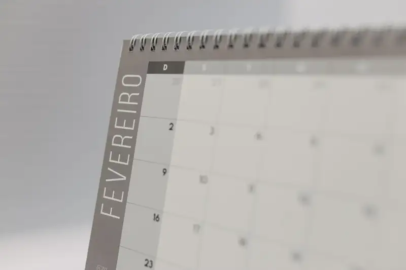 Close-up of a minimalist February calendar page with soft focus.